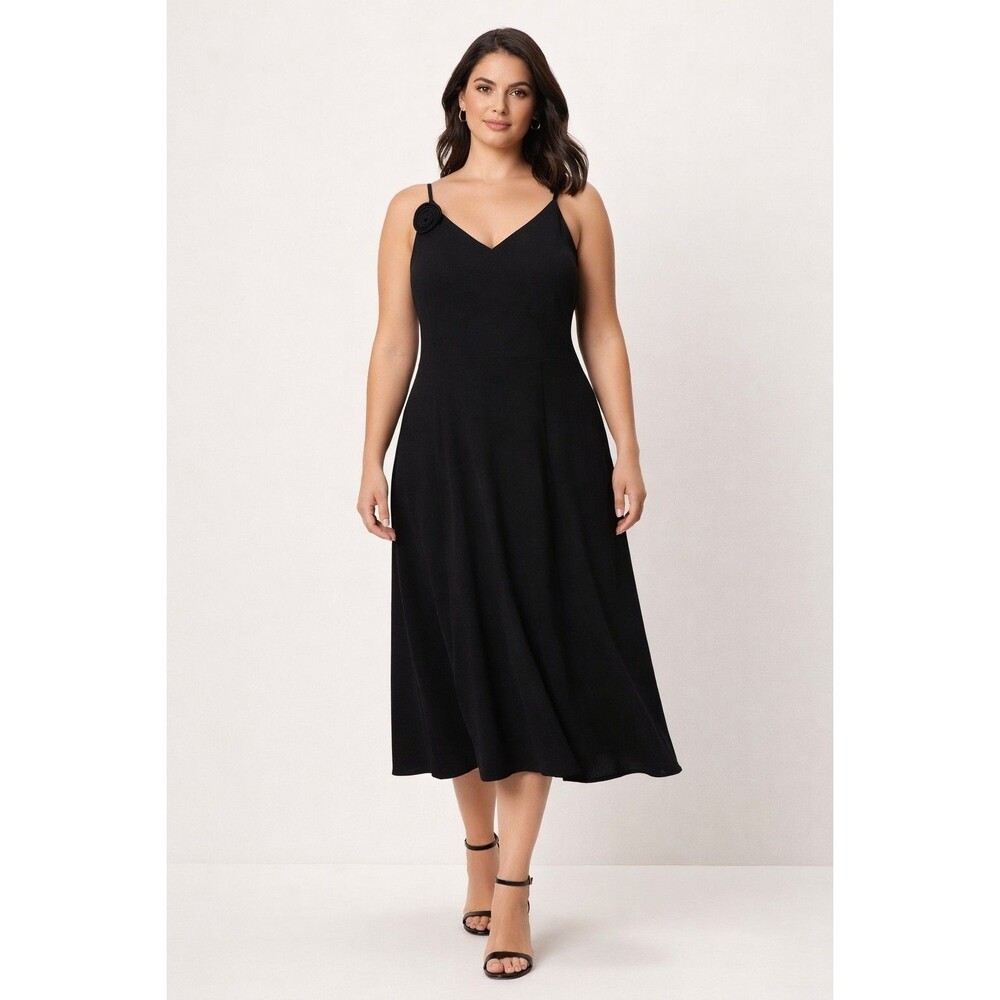 Kathie Lee Collection Black Cocktail Midi Dress Large  Rosette Strap Minimalist